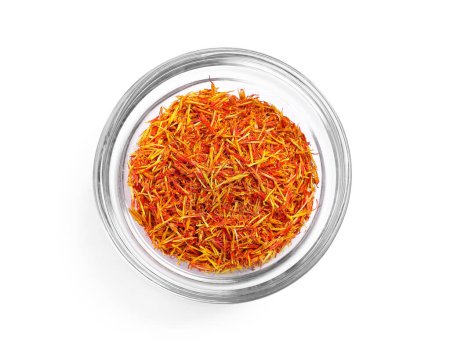 Aromatic saffron in bowl isolated on white, top view