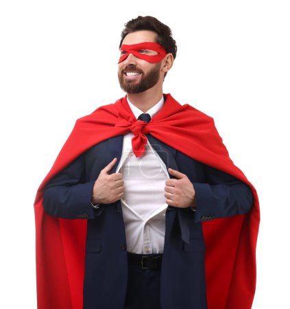 Foto de Feliz hombre de negocios vistiendo traje de superhéroe bajo traje sobre fondo blanco - Imagen libre de derechos