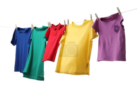 Photo for Colorful t-shirts drying on washing line isolated on white - Royalty Free Image