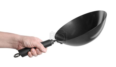 Photo for Man holding empty metal wok on white background, closeup - Royalty Free Image