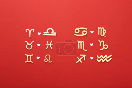 Zodiac signs compatibility on red background, flat lay