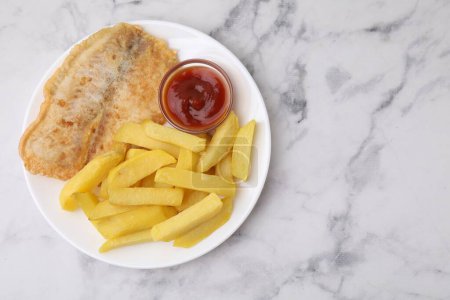 Photo for Delicious fish and chips with ketchup on light marble table, top view. Space for text - Royalty Free Image