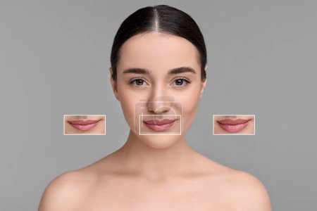 Attraktive Frau mit schönen Lippen auf grauem Hintergrund. Vergrößerte Bereiche zeigen Unterschiede in der Lippenfülle aufgrund kosmetischer Eingriffe