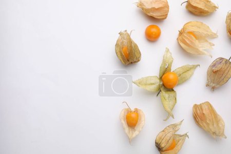 Ripe physalis fruits with calyxes on white background, flat lay. Space for text