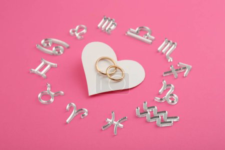Signos del zodíaco, corazón y anillos de boda sobre fondo rosa