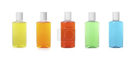 Fresh mouthwashes in bottles isolated on white, set