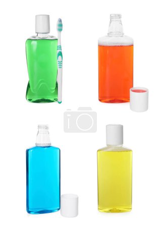 Frische Mundspülungen in Flaschen isoliert auf weiß, Set