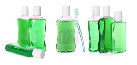 Frische Mundspülungen in Flaschen isoliert auf weiß, Set