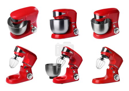 Red stand mixers isolated on white, set