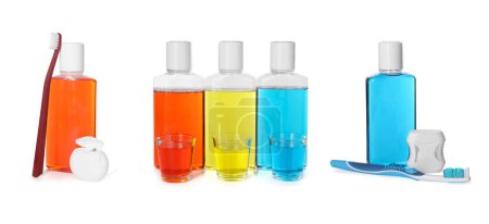 Fresh mouthwashes and toothbrushes isolated on white, set
