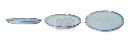 Saubere hellblaue Platte isoliert auf weiß, verschiedene Seiten