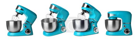 Light blue stand mixers isolated on white, set