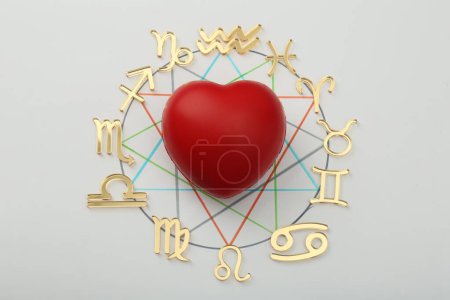 Foto de Rueda del zodíaco con corazón rojo sobre fondo gris claro, plano - Imagen libre de derechos