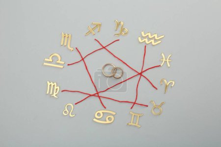 Zodiac compatibility. Signs, red threads and wedding rings on grey background, flat lay
