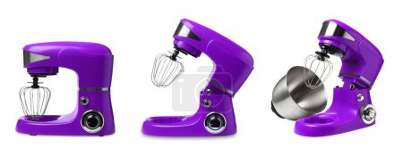 Purple stand mixers isolated on white, set