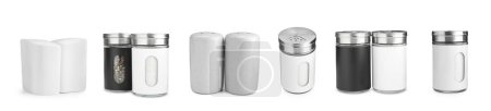 Different salt and pepper shakers isolated on white, set