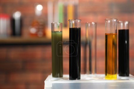 Photo for Test tubes with different types of oil in rack indoors, closeup. Space for text - Royalty Free Image