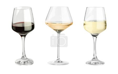 Photo for Tasty white, rose and red wines in glasses isolated on white - Royalty Free Image