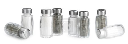Diferentes agitadores de sal y pimienta aislados en blanco, conjunto