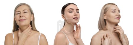 Téléchargez les photos : Femmes touchant leur cou sur fond blanc, ensemble de photos - en image libre de droit