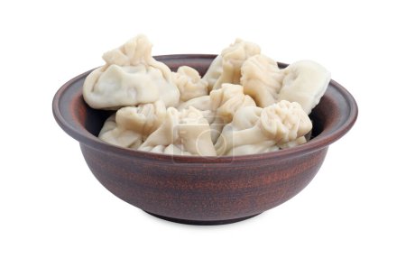 Tasty khinkali (dumplings) in bowl isolated on white. Georgian cuisine