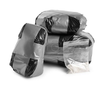 Packages with narcotics isolated on white. Drug addiction