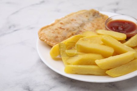 Photo for Delicious fish and chips with ketchup on light marble table, closeup - Royalty Free Image