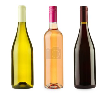 Photo for Bottles of white, rose and red wines isolated on white, set - Royalty Free Image