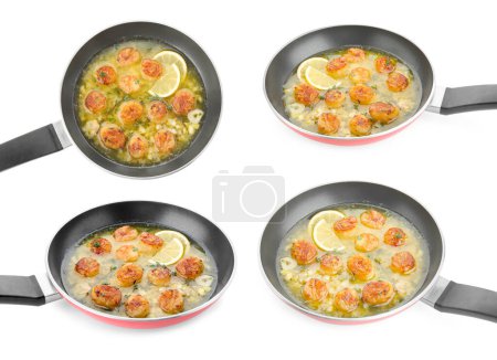 Photo for Collage of delicious scallops with sauce in pan isolated on white - Royalty Free Image