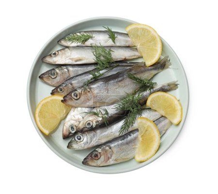Photo for Fresh raw sprats, lemon and dill isolated on white, top view - Royalty Free Image