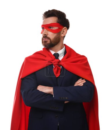 Foto de Hombre de negocios confiado con capa de superhéroe rojo y máscara sobre fondo blanco - Imagen libre de derechos