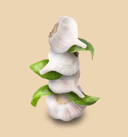 Stacked heads of garlic and basil leaves on beige background