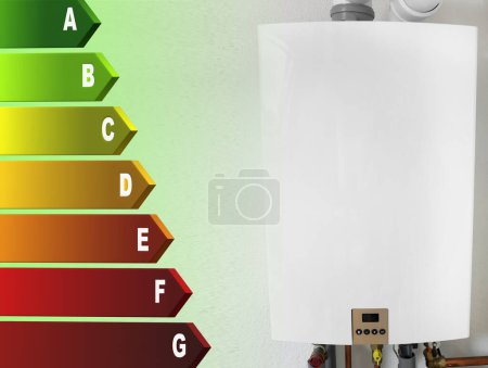 Foto de Gráfico de eficiencia energética y caldera de gas en interiores - Imagen libre de derechos