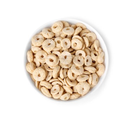 Photo for Tasty cereal rings in bowl isolated on white, top view - Royalty Free Image