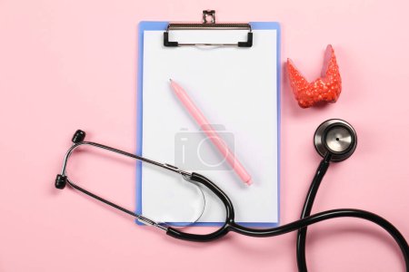 Endocrinology. Stethoscope, clipboard, model of thyroid gland and pen on pink background, flat lay