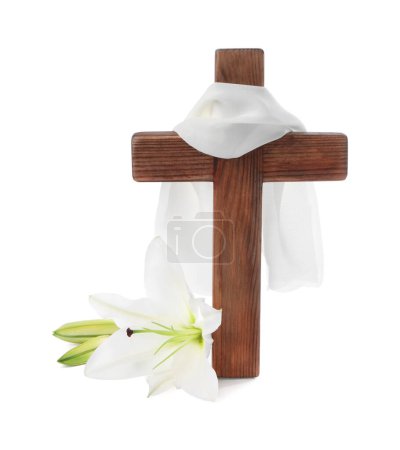 Photo for Wooden cross, cloth and lily flowers on white background. Easter attributes - Royalty Free Image