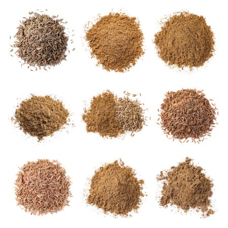 Aromatic caraway (Persian cumin) seeds and powder isolated on white, top view