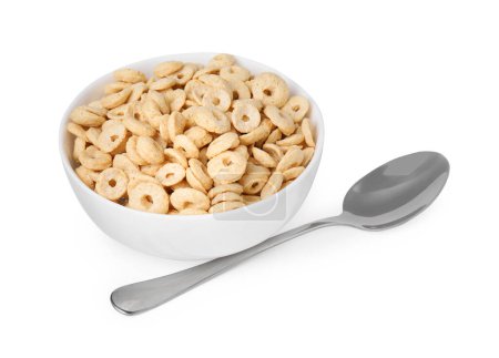 Photo for Tasty cereal rings in bowl and spoon isolated on white - Royalty Free Image