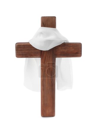 Photo for Wooden cross and cloth on white background. Easter attributes - Royalty Free Image