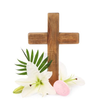 Photo for Wooden cross, painted Easter egg, lily flowers and palm leaf on white background - Royalty Free Image