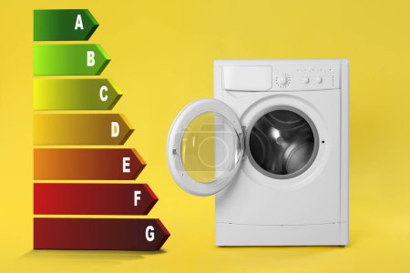 Foto de Etiqueta de eficiencia energética y lavadora sobre fondo amarillo - Imagen libre de derechos