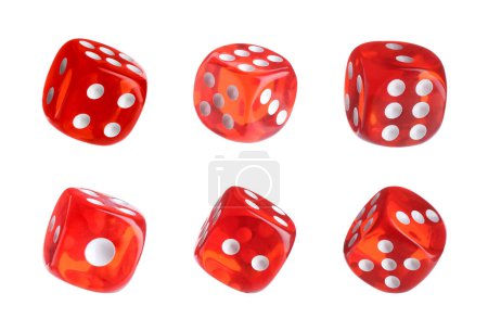 Red dice isolated on white, collage with different sides