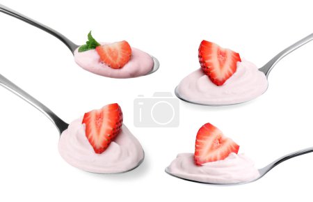 Delicioso yogur con fresas en cucharas aisladas sobre blanco, engastado