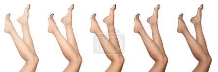 Foto de Mujer con hermosas piernas sobre fondo blanco, primer plano. Collage de fotos que muestran las etapas de bronceado - Imagen libre de derechos