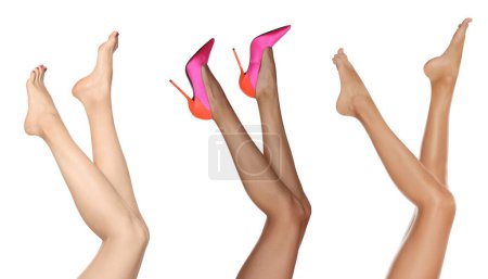 Foto de Mujeres con hermosas piernas sobre fondo blanco, primer plano. Collage de fotos que muestran las etapas de bronceado - Imagen libre de derechos