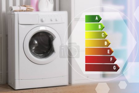 Foto de Etiqueta de eficiencia energética y lavadora en interiores - Imagen libre de derechos