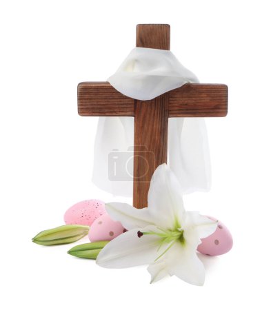 Photo for Wooden cross, cloth, painted Easter eggs and lily flowers on white background - Royalty Free Image