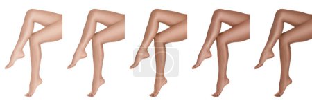 Foto de Mujer con hermosas piernas sobre fondo blanco, primer plano. Collage de fotos que muestran las etapas de bronceado - Imagen libre de derechos