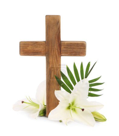 Photo for Wooden cross, lily flowers and palm leaf on white background. Easter attributes - Royalty Free Image