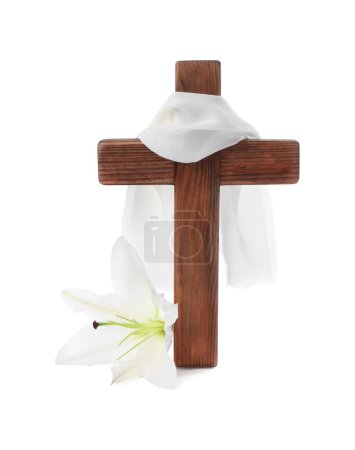 Photo for Wooden cross, cloth and lily flower on white background. Easter attributes - Royalty Free Image